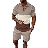 UOUA Mens Summer Track Suits 2 Piece Shorts Sets Short Sleeve Sweatsuit Outfits 1/4 Zip Golf Polo Splicing Striped Shirts