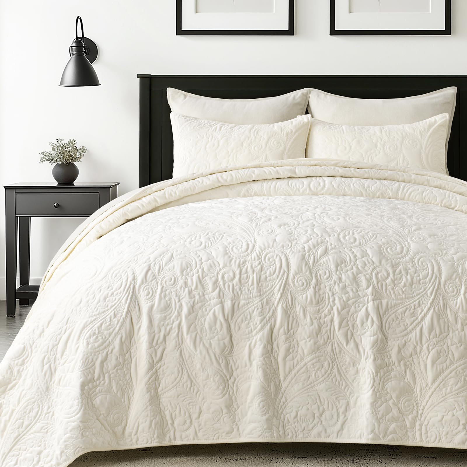 Photo 1 of EVERGRACE Luxury Pearl Velvet Quilt Set Queen Size 3 Pieces, Soft Paisley-Stitch Velvet Comforter Set with Pillow Shams, Lightweight Bedspread Coverlet Bedding Set, Ivory White