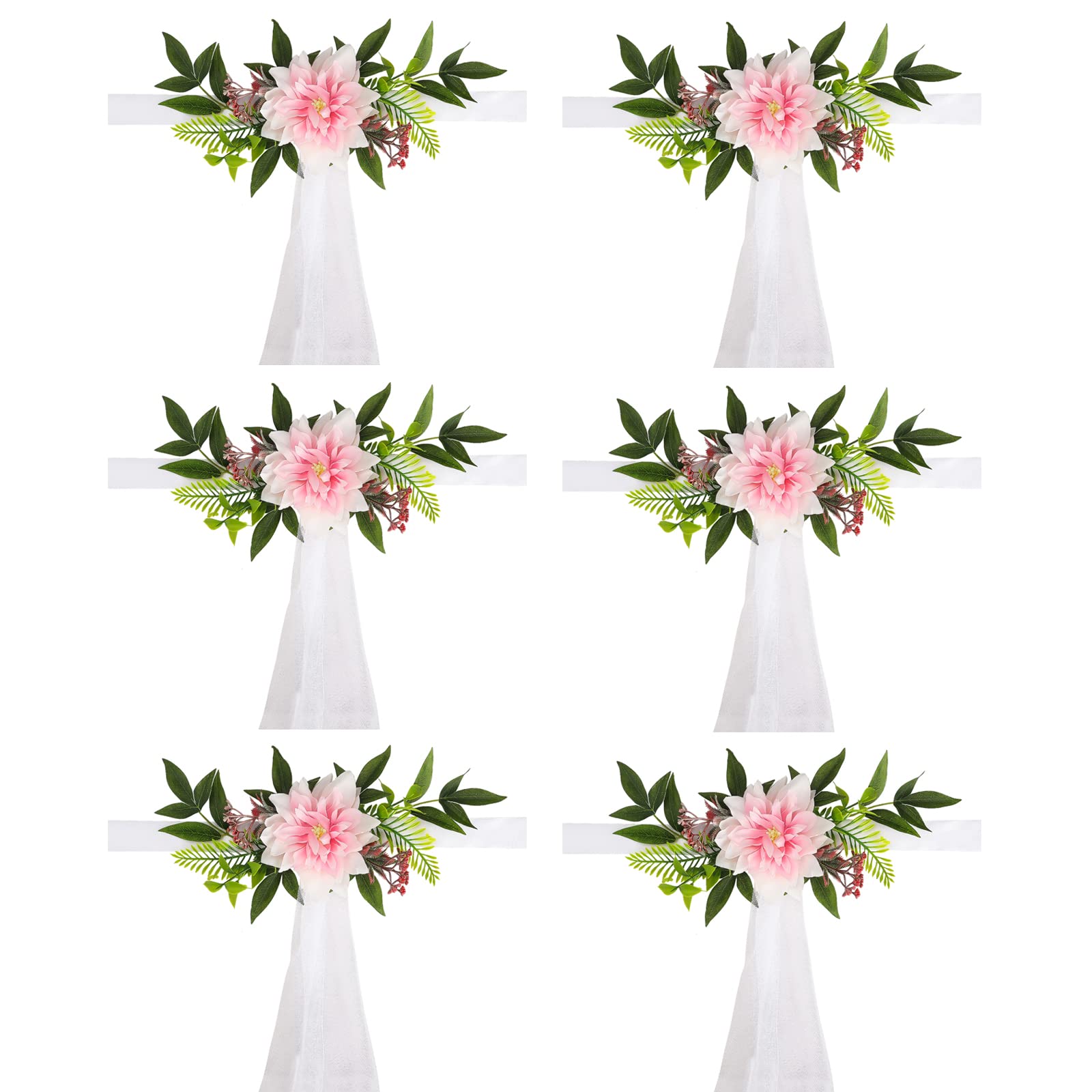 BEIJIALY Wedding Aisle Decorations Pew Flowers Set of 6, Church Chair Bench Pew Bows Artificial Penoy Chair Decor with Eucalyptus and Ribbons for Wedding Ceremony Church, Pink