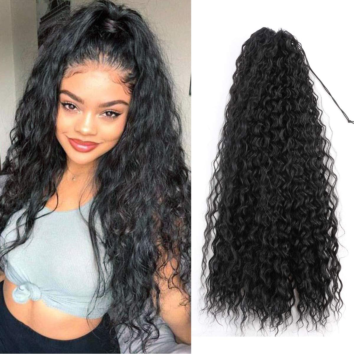 Photo 1 of 30inch Long Corn Curly Wave Drawstring Ponytail Synthetic High Puff Hair Pieces With Comb Black Wavy Clip in Extensions (1B)