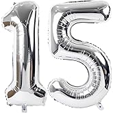 Large Silver Balloon Number 15,40 Inch Silver 15th Mylar Foil Helium Birthday Decoration Balloons,Silver 15 Balloons For Wedding Anniversary Birthday Party Decors,15Year Old Boy Girl Birthday Balloons