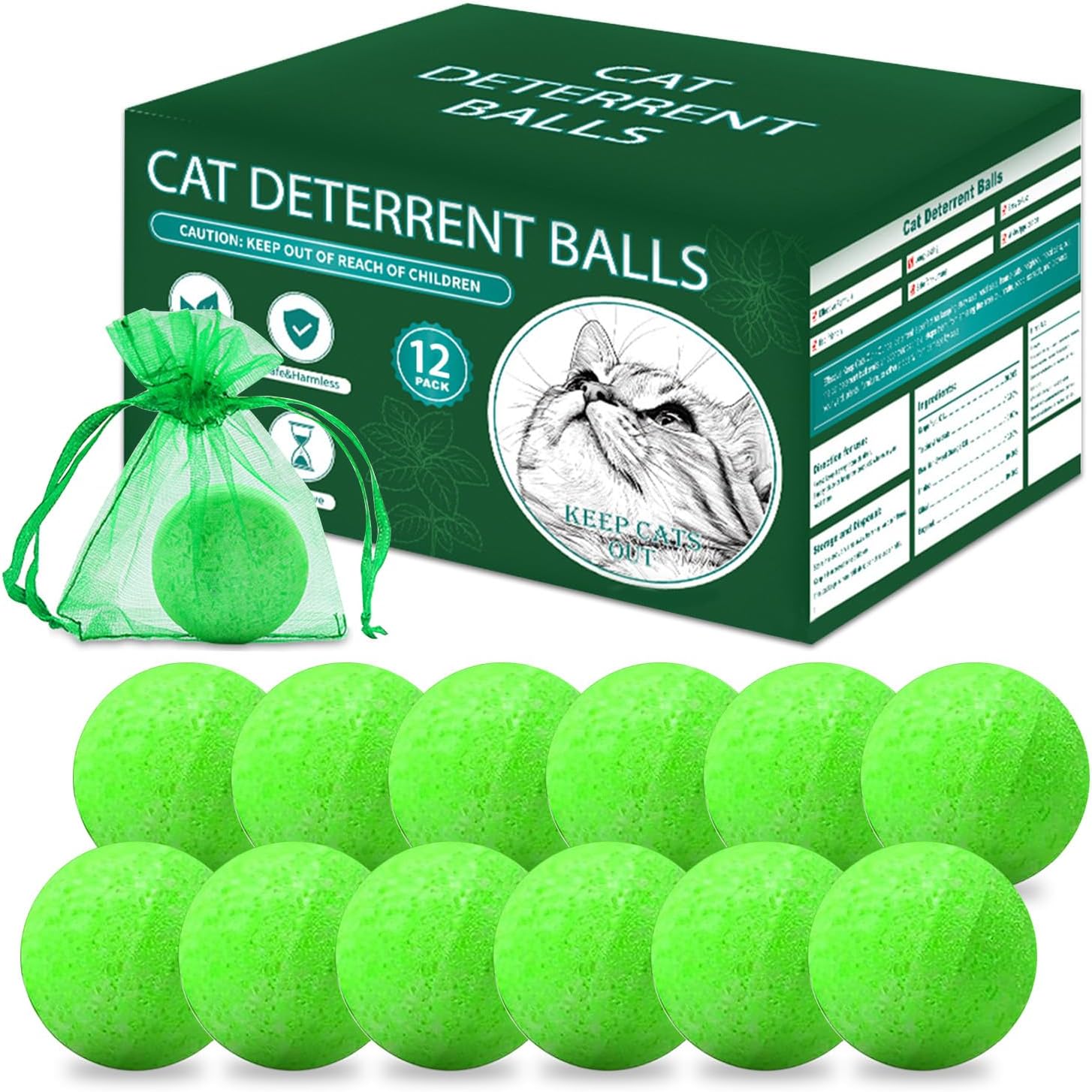 QUSUKO Cat Repellent Outdoor to Keep Cats Away (12Pack) Natural Peppermint Oil Cat Deterrent Outdoor and Indoor (Green)