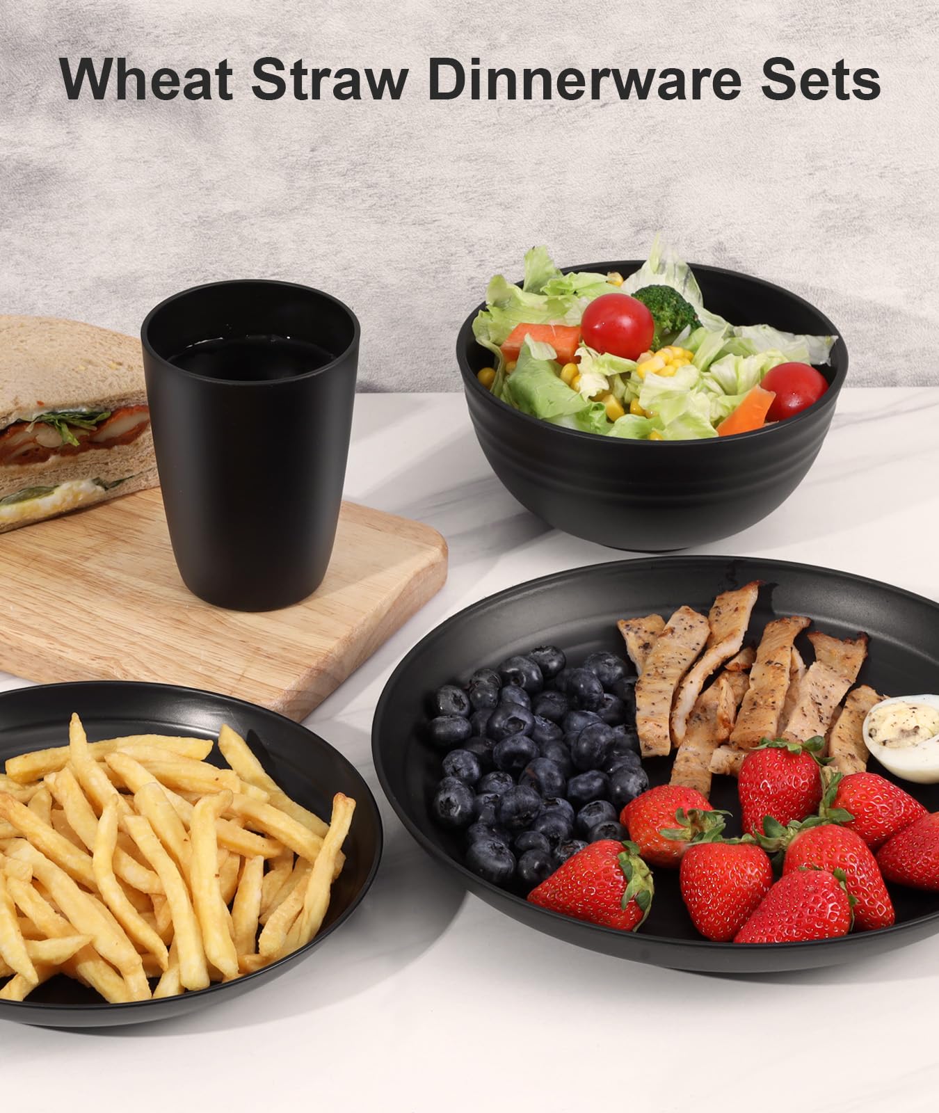 Quatish 24 Piece Plates and Bowls Sets for 6, Unbreakable Dinnerware Sets, Plastic Dish Set for Camping, Dishwasher Microwave Safe, Outdoor Kitchen and Apartment Dinning RV Essentials, Black