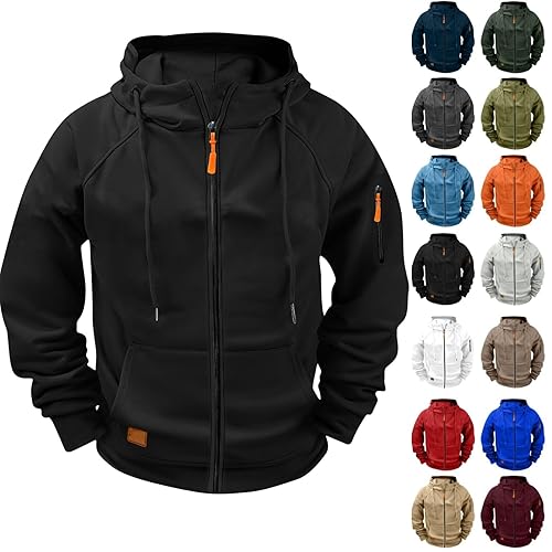 black hoodie men,Hoodies For Men Uk Full Zip Up Casual Hooded Lightweight Jackets Mens With Pockets Comfort Outdoor Solid Color Long Sleeve Hoody Loose-fit Soft Fleece Sweatshirts,Black,L