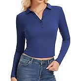 Eyanse Womens Polo Shirts Long Sleeve,Cropped Collared Shirt Cute Fitted V Neck Tops with Button