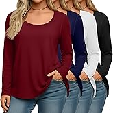Oakgarden 4 Pack Women's Plus Size Shirts, Casual Long Sleeve Tees Scoop Neck Basic Tops Loose Fit Layering Solid Blouses