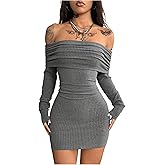 RoseSeek Women's Y2K Off Shoulder Foldover Knit Dress Streetwear Long Sleeve Bodycon Mini Dresses