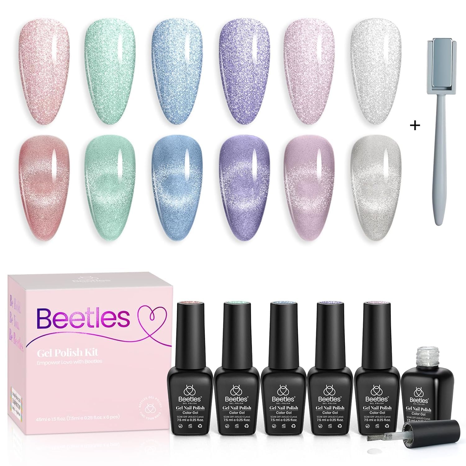 Beetles 6 Colors Holographic Glitter Cat Eye Spring Gel Nail Polish Kit with Magnet Romantic Galaxy Series Soak Off Uv Led Gel Nail Polish Set Home Diy Manicure Nail Salon Varnish Nail Art