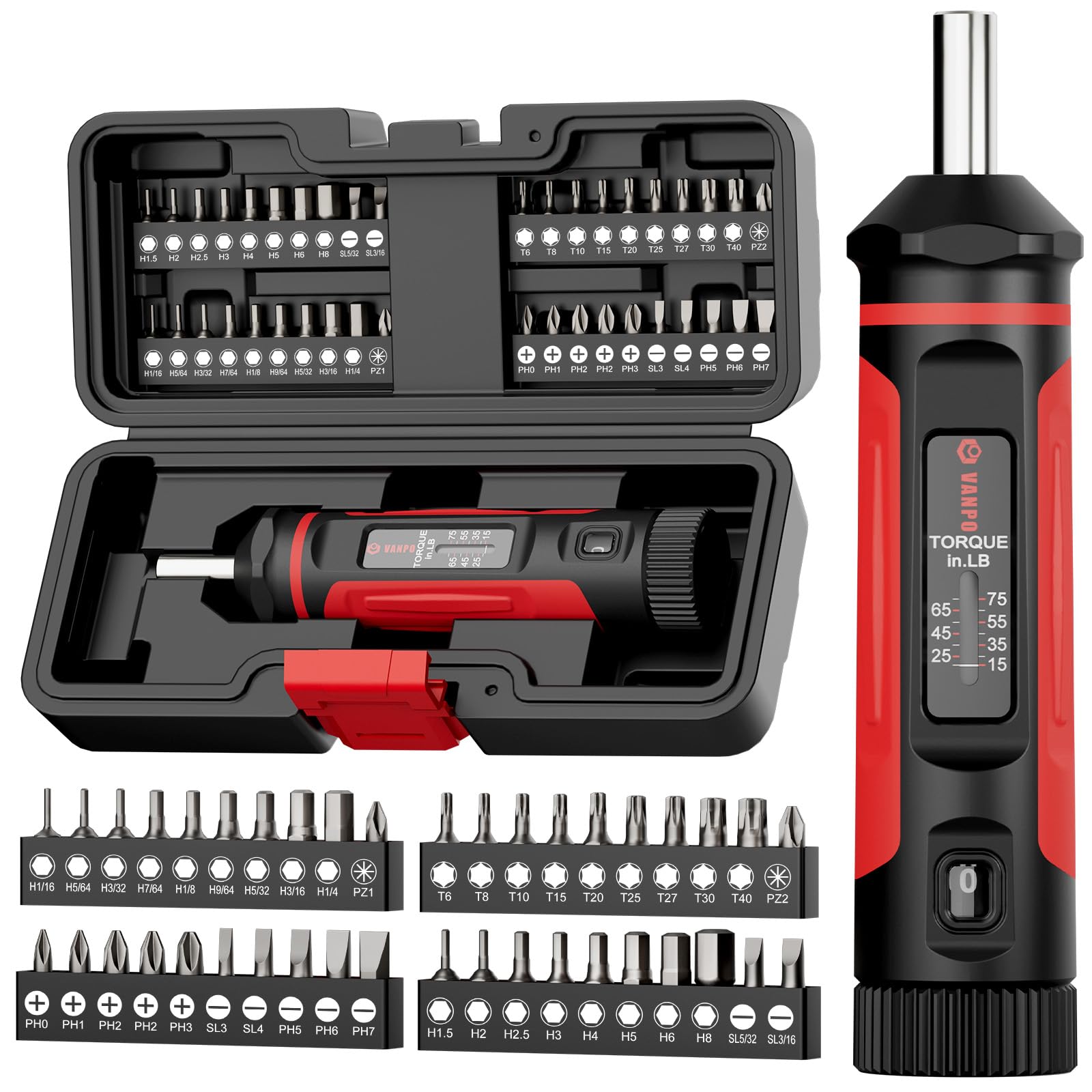 Photo 1 of VANPO Torque Screwdriver, 15-75In-lb Torque Screw Driver Wrench Driver Set, 1/4'' Drive Inch Pounds Torque Wrench Screwdriver with 40 S2 Bits for Maintenance, Tools, DIY, Bike Repairing and Mounting