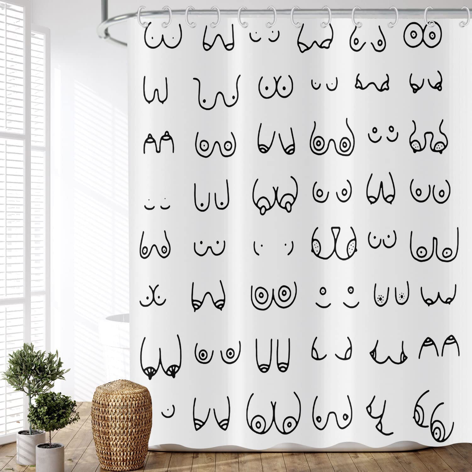 ASDCXZ Shower Curtain Black White 165x180 cm, Modern Simple Funny Black White Graffiti Lines Washable Fabric Bath Shower Curtains Polyester Textile Waterproof Shower Curtain for Bathtub with 12 Hooks — image 1