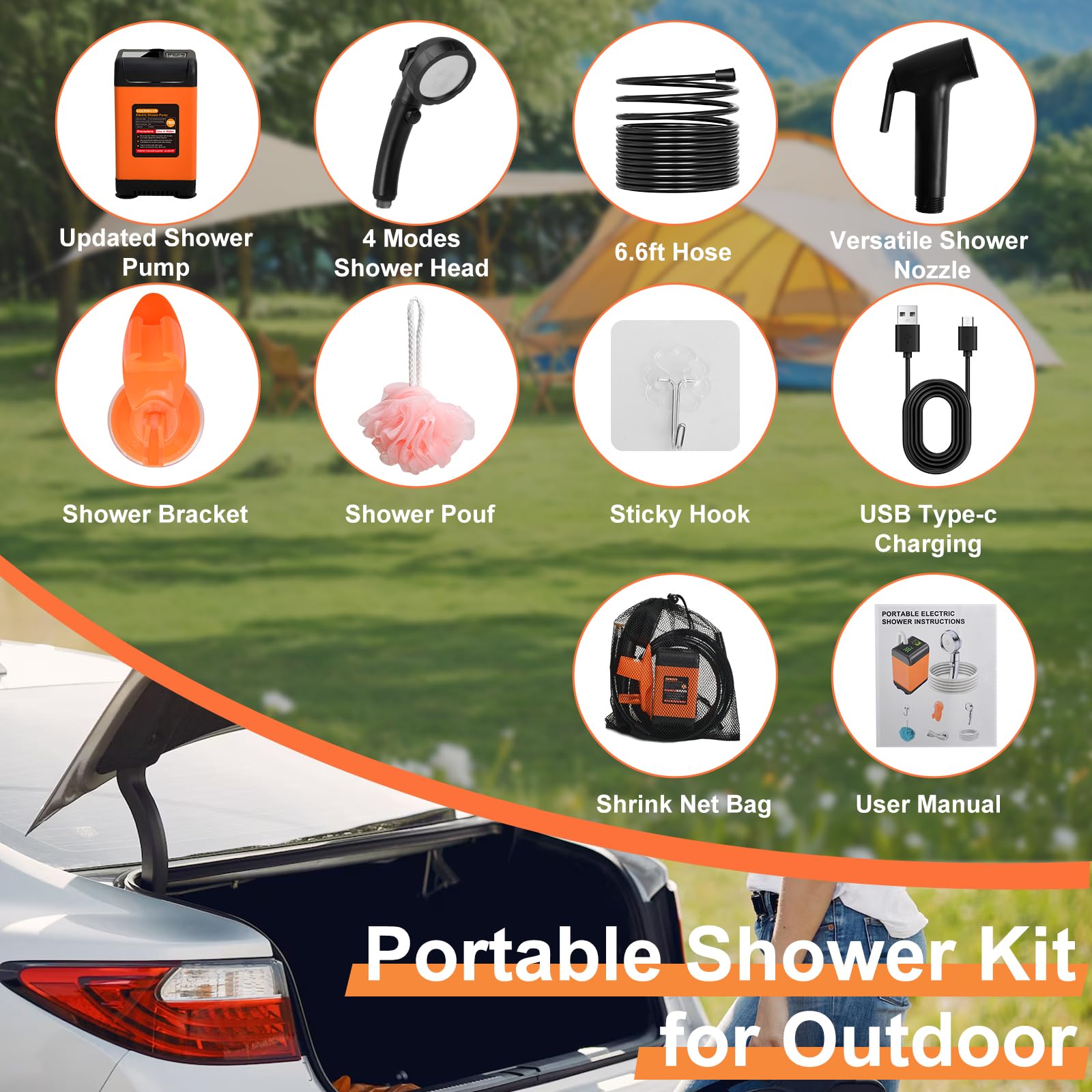 Luxsego Portable Camping Shower, 7800mAh Rechargeable Outdoor Shower with Digital Display, High-Pressure Pump Bonus Toilet Sprayer, Tool-Free Installation for Hiking, Travel, Beach, Pet & Car Cleaning