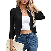 KOJOOIN Womens Cropped Blazer Casual Business 3/4 Sleeve Collarless Open Front Cardigan Work Jacket Shrug