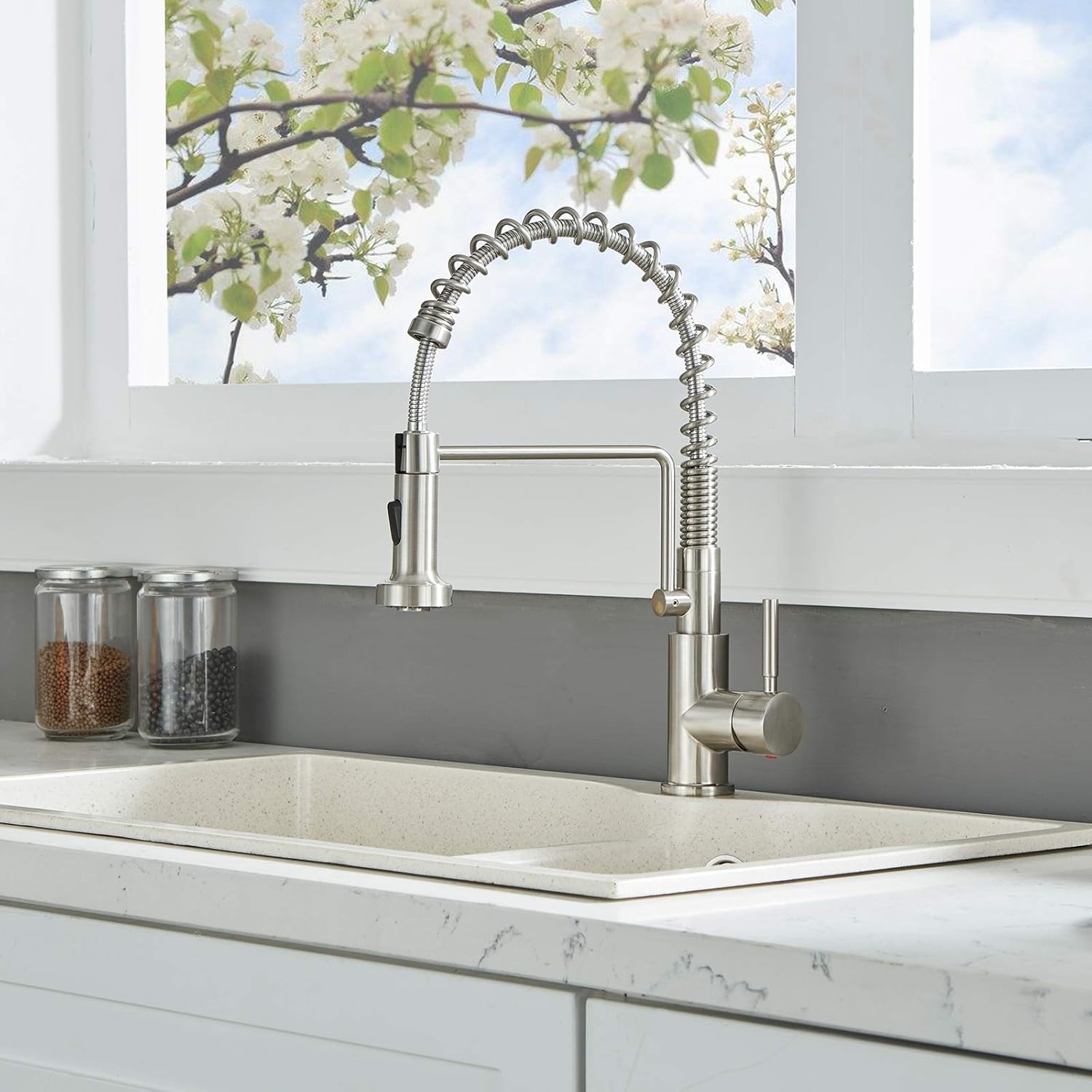 Friho Lead-Free Commercial Brushed Nickel Stainless Steel Single Handle Single Lever Pull Out Pull Down Sprayer Spring Bar Sink Kitchen Sink Faucet, Brushed Nickel Kitchen Faucets - - 