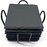 8 Pack 4 inch Square Slate Coasters with Metal Holder,Handmade Natural Rough Edge,with Integral Anti-Skid pad,Laser Engraving Blanks,Stone Coasters