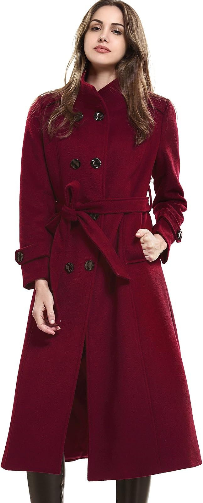 Women's Wool Trench Coat Winter Double-Breasted Jacket with Belts