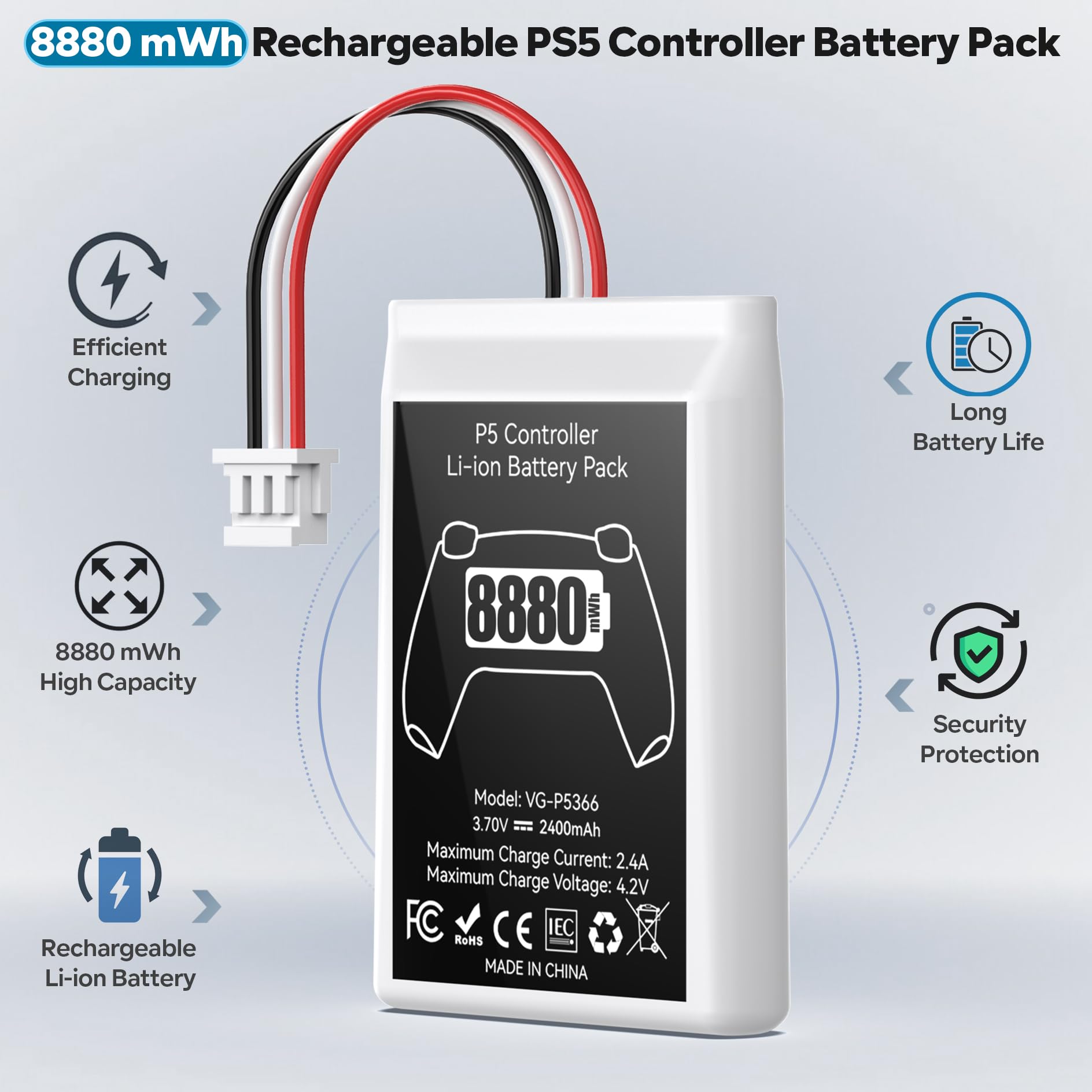 2 Packs PS5 Controller Battery, 8880mWh High Capacity PS5 Controller Battery Replacement, Reliable PS 5 Battery, PS5 Batteries Pack for Extended Gaming, PS 5 Rechargeable Batteries Pack