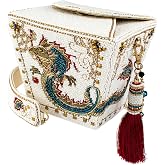 Mary Frances Noble Dragon Beaded Top Handle Handbag, Multicolor | Dragon-inspired beaded top handle handbag with magnetic closure, compact design for essentials and special occasions.