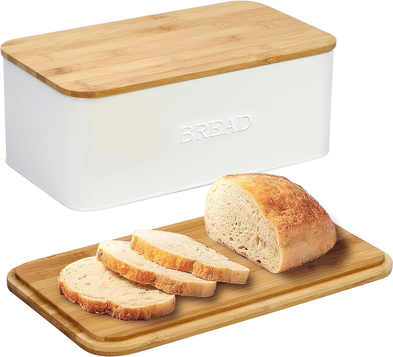 OUTSHINE White Bread Bin With Cutting Board Lid for Kitchen Countertop - Cream Bread Box, Small Storage Container