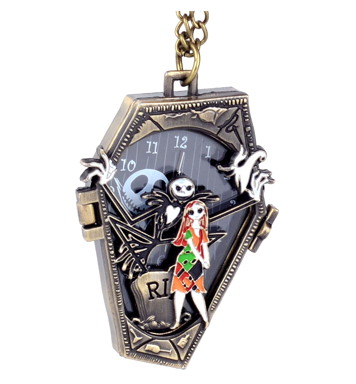 Ddjbdb Quartz Pocket Watch with Necklace Chain, Hollow Night-mare Design Mens Christmas Halloween Pocket Watches,Gift for Men Son with Box Bronze