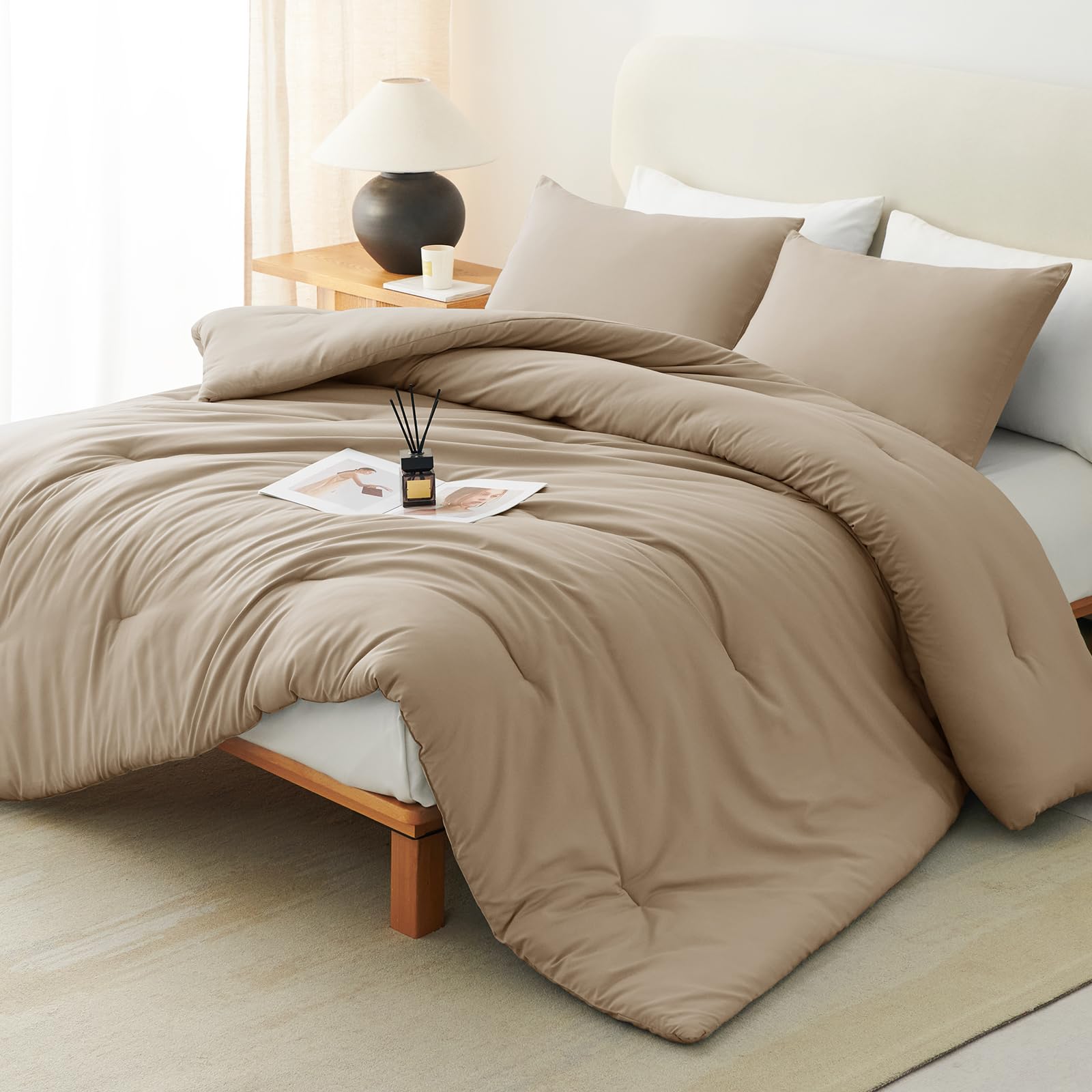 Photo 1 of **MSRP 42.99** CozyLux King Size Comforter Set Taupe, 3 Pieces Solid Breathable Quilted Style Bedding Sets All Season, Luxury Soft Microfiber Down Alternative Comforter Bed Set (1 Comforter & 2 Pillowcases)