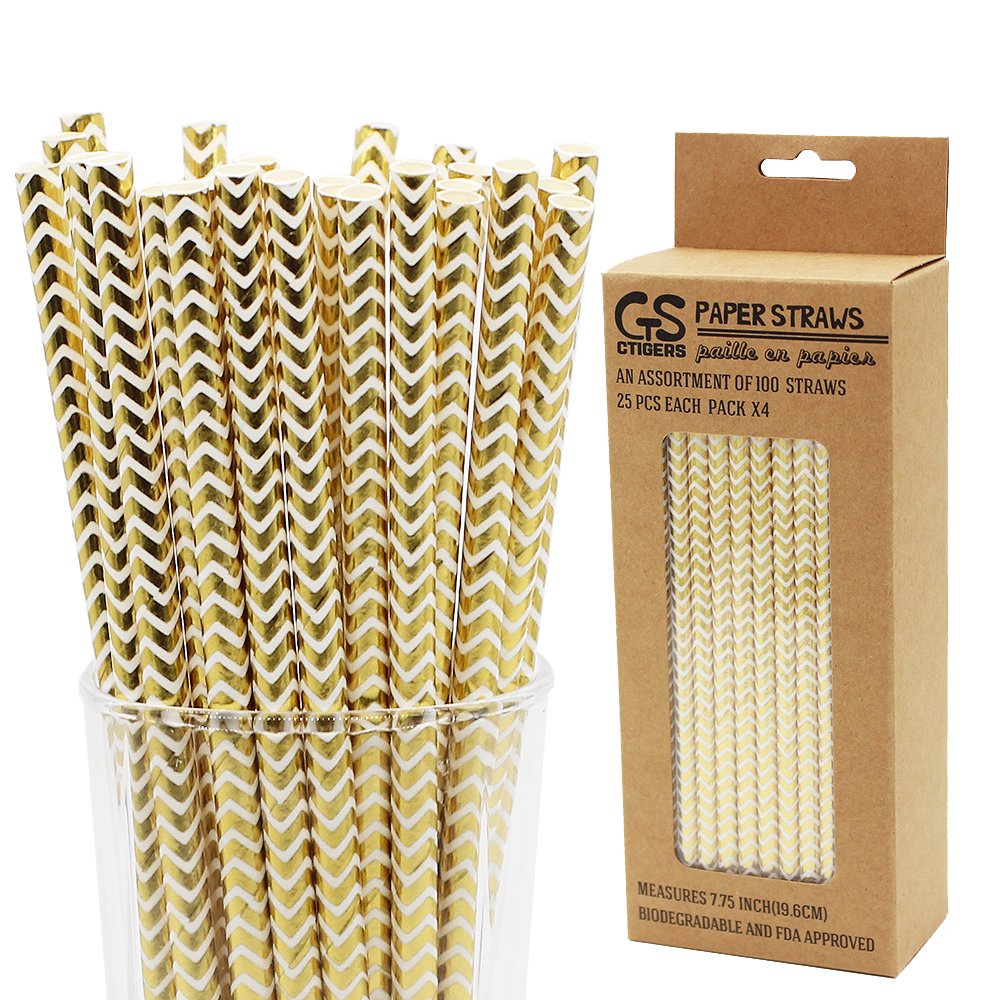 Metallic Gold Chevron Drinking Paper Straws for Valentine's Day Wedding Party Biodegradable Straw Box of 100