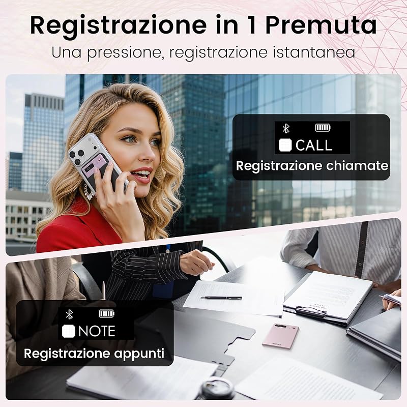 Registratore Vocale AI con app dedicata,trascrivi e riepiloga,Durata della batteria di 35 ore,memoria da 64 GB per riunioni,lezioni,chiamate,affari, lezioni (rosa)