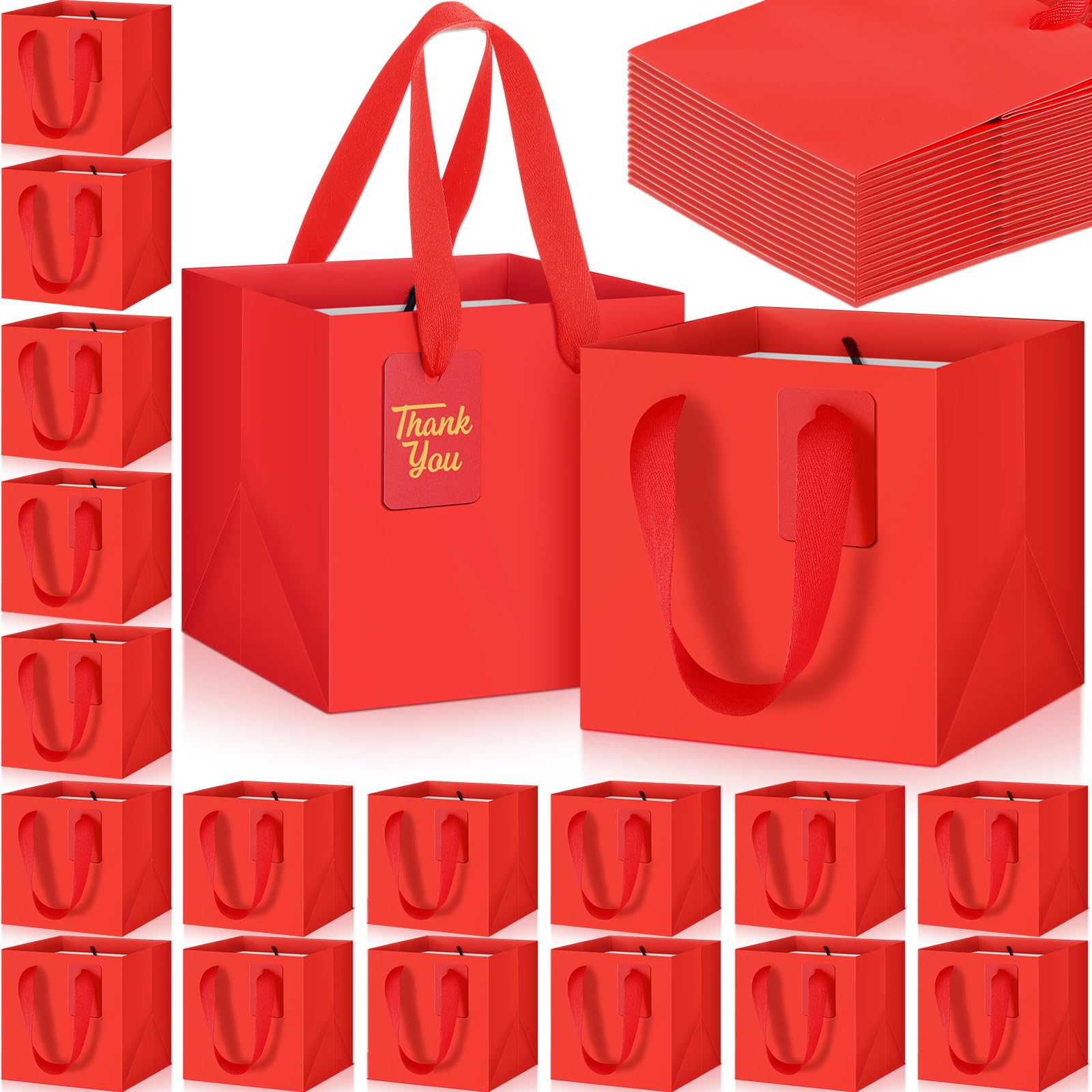 Photo 1 of Windyun 50 Pcs Mini Paper Gift Bags with Handle 6 x 6 x 6'' Square Small Favor Bag with DIY Thank You Tag for Christmas Birthday Wedding Bridal Shower Bridesmaid Graduation Party (Red)