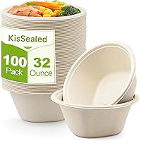 100 Pack Disposable Paper Bowls, 32 oz Heavy Duty Compostable Bowls, Party Serving Bowls Dish Container for Salad, Dessert an