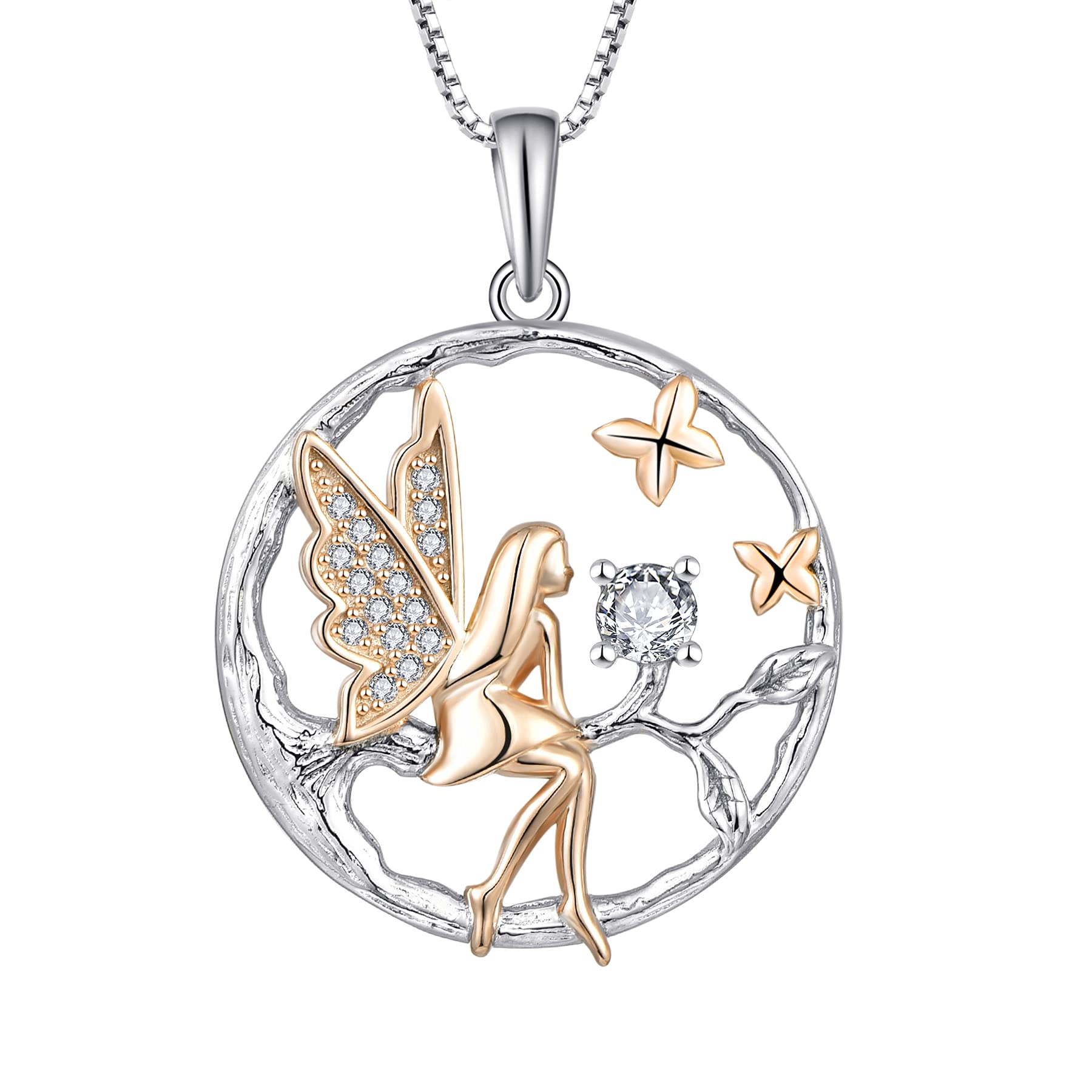 FJ Guardian Angel Necklace 925 Sterling Silver Tree of Life Necklace Fairy Pendant April Birthstone Cubic Zirconia Jewellery for Women — image 1