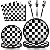 96 Pieces Black and White Checkered Tableware Set for Racing Car Table Decorations Supplies Race Sports Themed Dessert Plates Race-car Party Napkins Forks for 24 Guests Car Birthday Party Favors