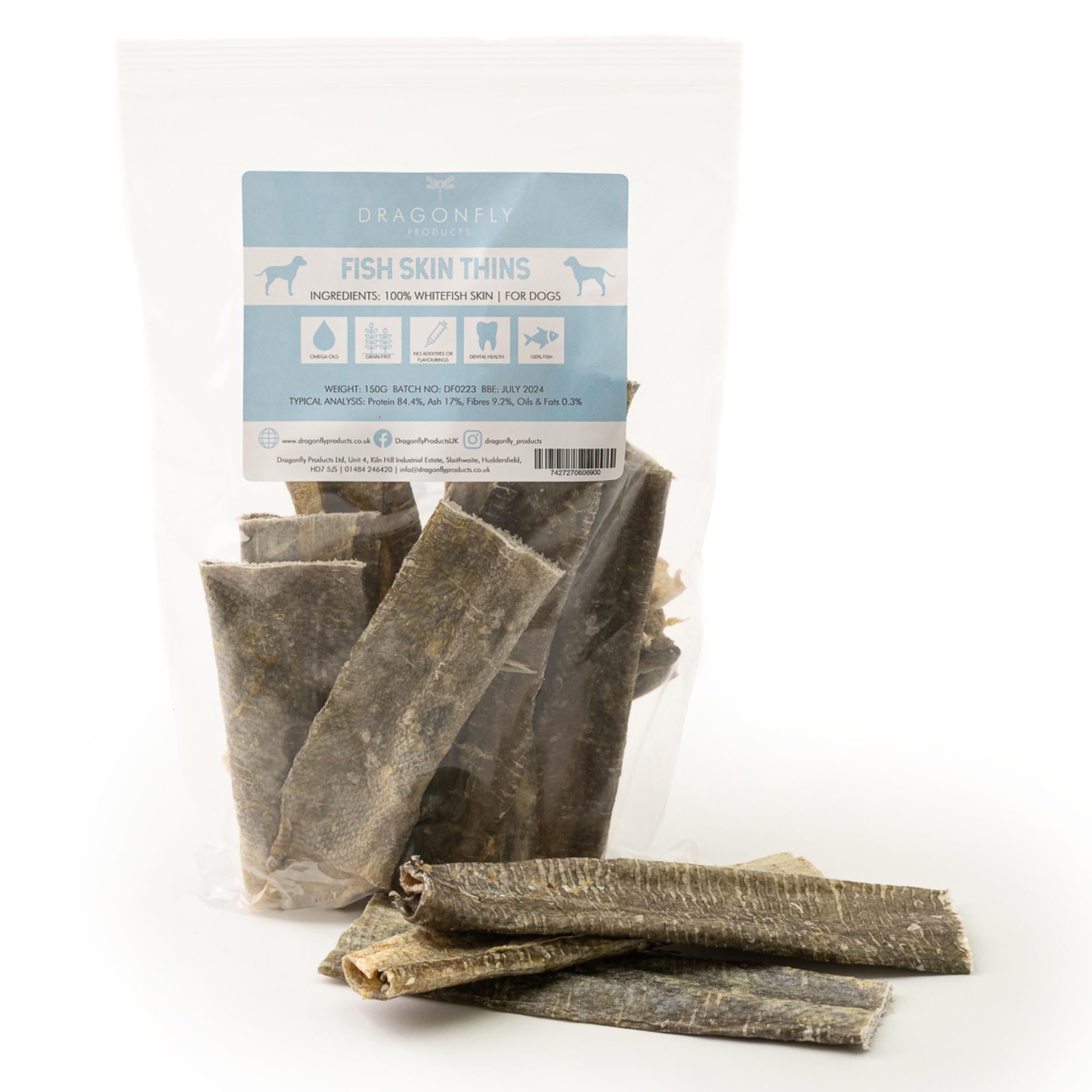 Dragonfly Products, Fish Skin Thins 100% Natural Whitefish, Low in Fat Packed with Essential Omega-3 and Omega-6 fatty acids, Suitable for puppies 8 weeks+. 150g