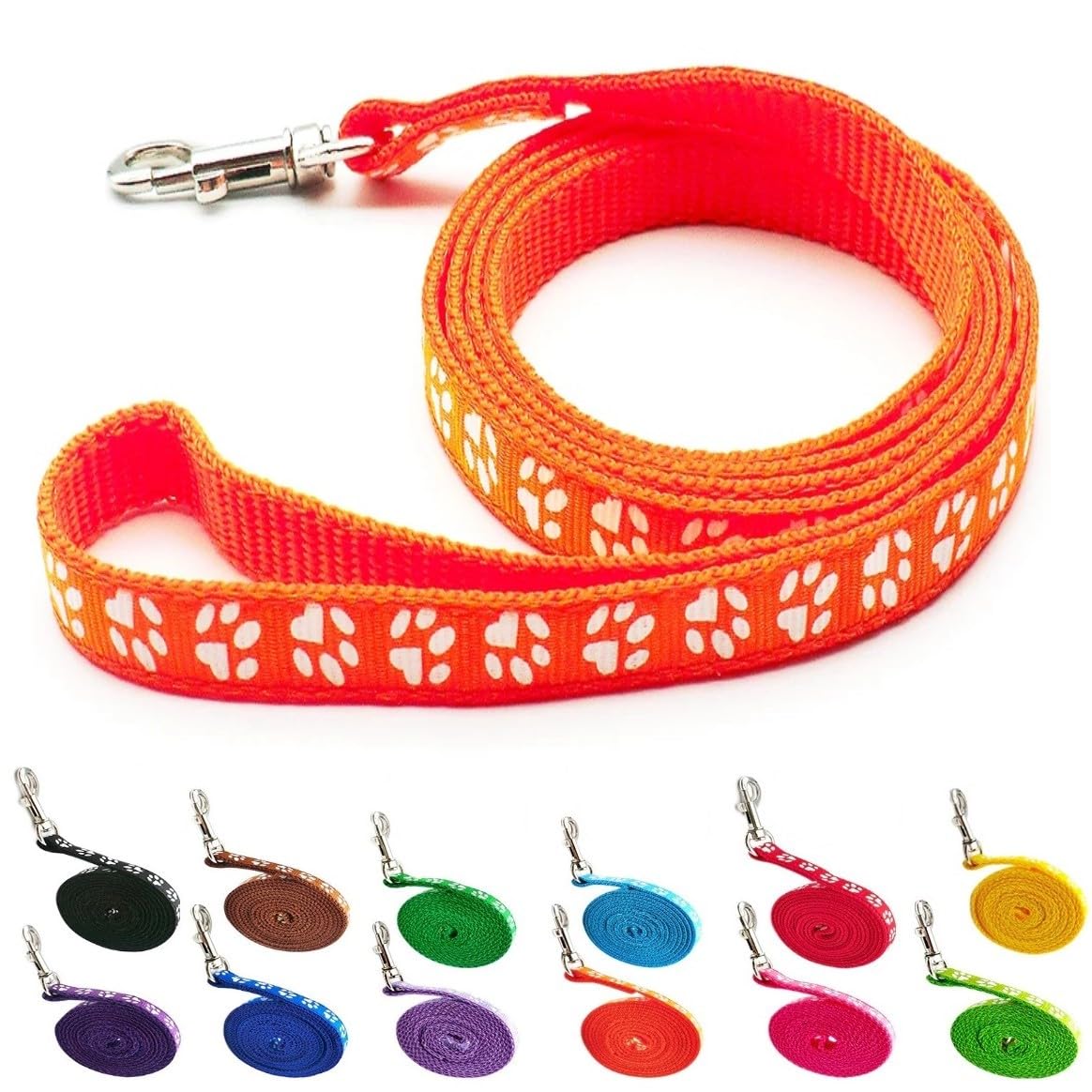 Small Dog Puppy Pet Cat Kitten Lead Pawprint Design Lightweight Nylon Metal Clip 120cm Leash Orange