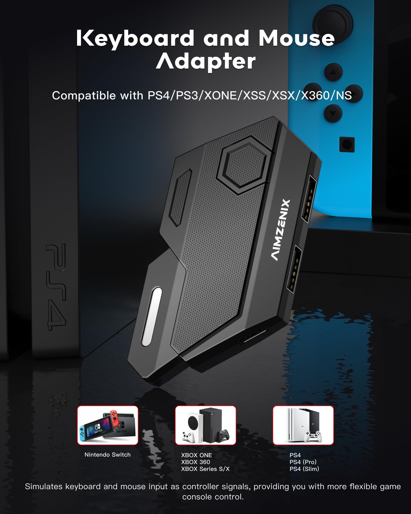 AIMZENIX Keyboard and Mouse Adapter for Nintendo Switch/PS4/Xbox Series/Xbox One/Xbox 360/PS3, Game Controller Emulator for FPS/TPS/STG/RTS Games