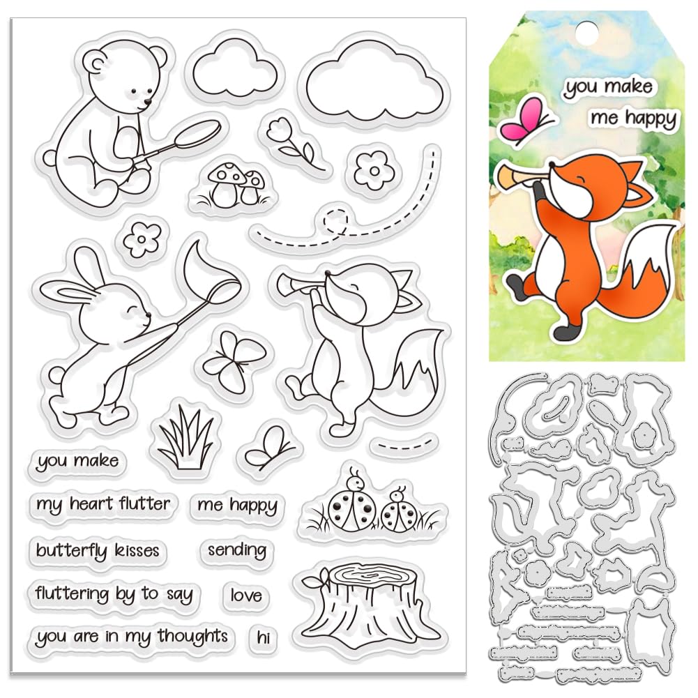 INFUNLY 2pcs Animal Stamp and Die Sets for Card Making Rabbit Clear Stamp Spring Butterfly Silicone Stamps and Cutting Dies Word Rubber Stamps Fox Bear Embossing Templates for DIY Scrapbooking