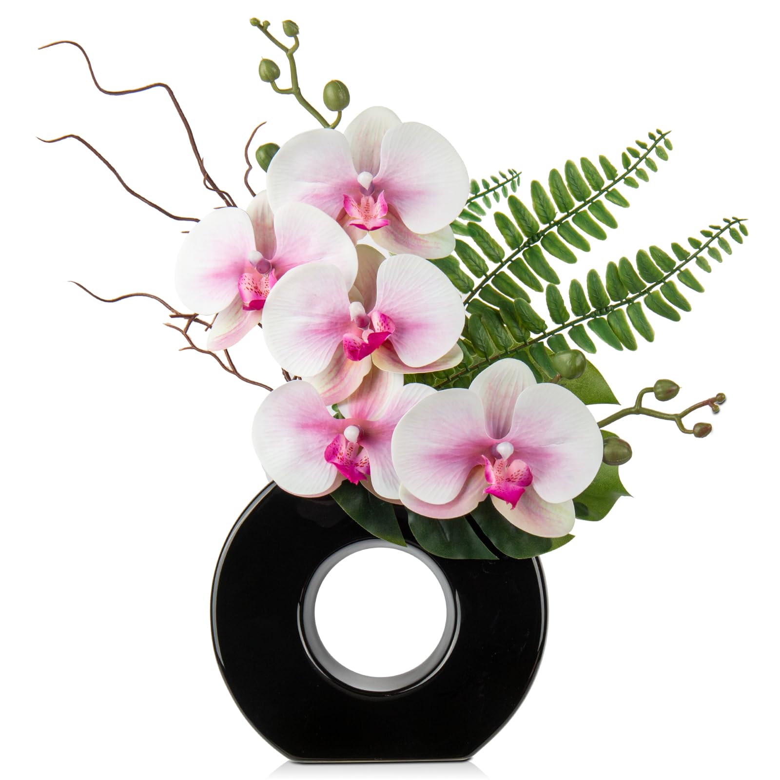 Oairse Artificial Orchid Flowers 41cm Pink Orchid Silk Flowers with Ceramic Black Vase Faux Phalaenopsis Flower Arrangement for Home Office Kitchen Table Centerpiece Decoration