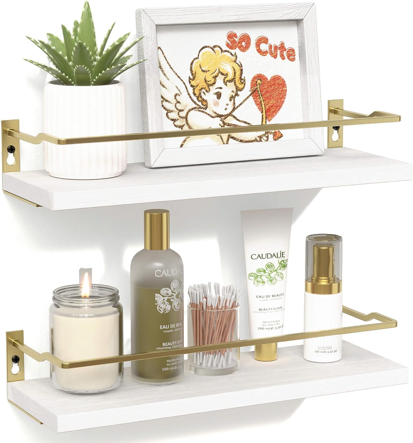 Photo 1 of RICHER HOUSE Bathroom Shelves, Small Floating Wall Shelf for Bathroom Decor, Wall Mounted Wood Shelves, Bathroom Organizer Over Toilet Storage, Guard-Rail Kitchen Shelves Set of 2 - White Gold