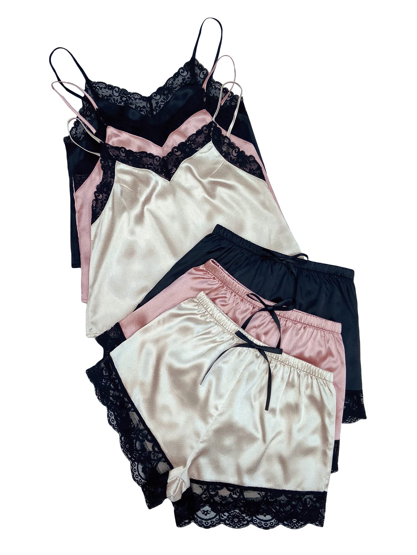 Photo 1 of GORGLITTER Women's 6 Piece Silk Satin Pajama Set Lace Trim Cami Crop Tops Elastic Waist Shorts Lounge Set Sleepwear Beige Pink Black Small