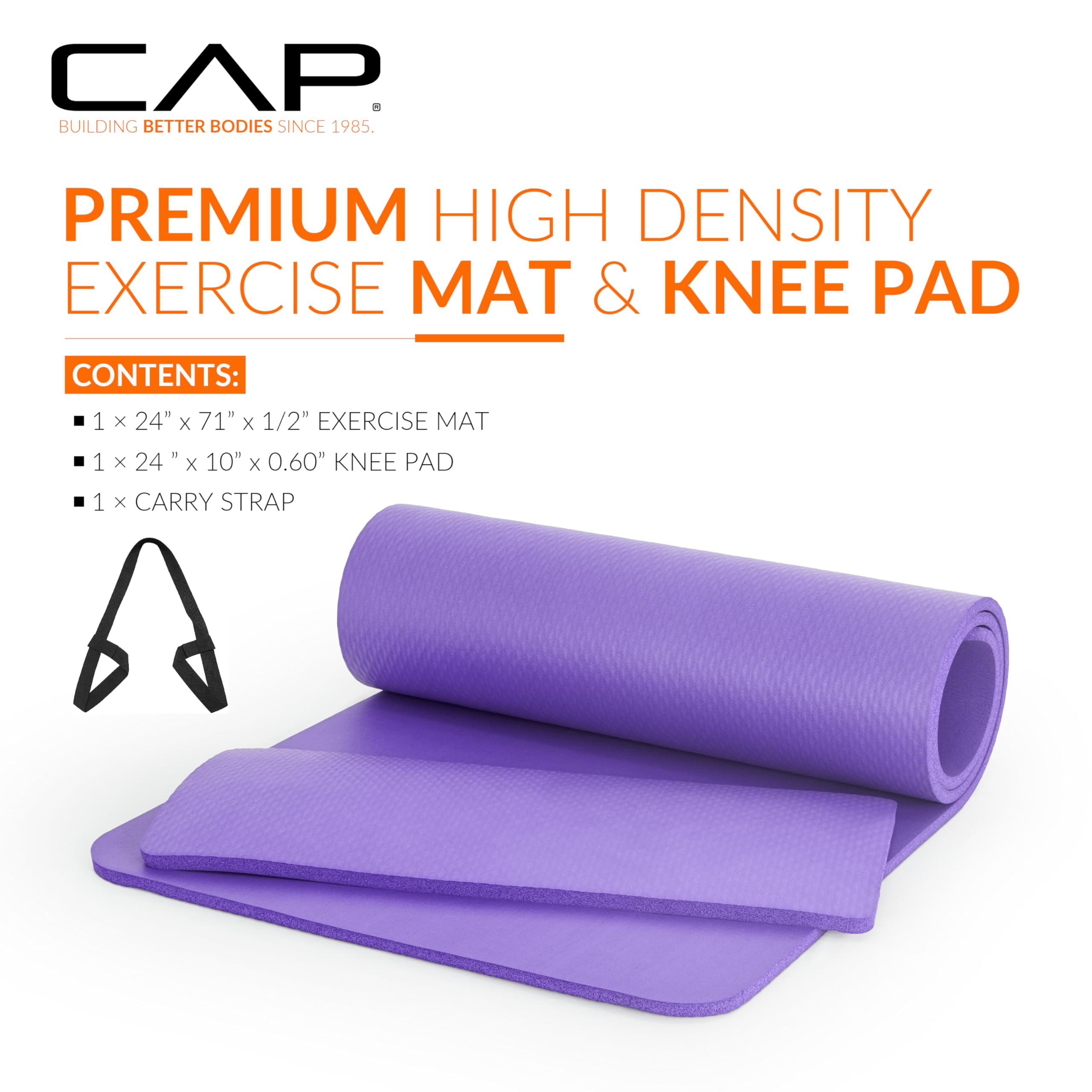 CAP Barbell High Density Exercise Yoga Mat with strap and Knee Pad 71"x24"x1/2" PURPLE - Image 2