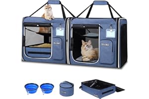 Petskd 2 in 1 Double Cat Car Travel Carrier with Litter Box, 38"x17"x18" Portable Dual Extra Large Cat Carrier for Multiple Cats with Zipper Locks for Moving Across The Country