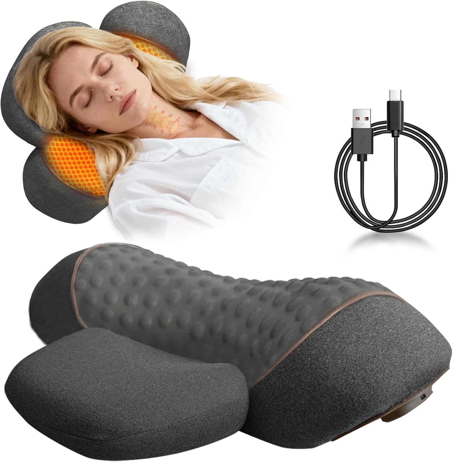 3-In-1 Neck Massager Pillow, Neck Massager with Heat and Traction, for Stretcher Massage,Plug-in Version (Gray)
