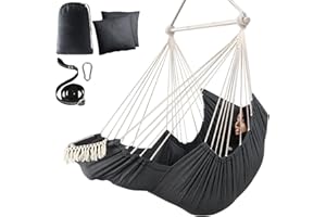 Chihee Hammock Chair Hanging Chair with Foot Rest 2 Cushions Max 500lbs Robust Metal Spreader Bar Collapsible Easy Storage Soft Cotton Swing Chair Strong Strap Iron Carabiner Side Pocket Included