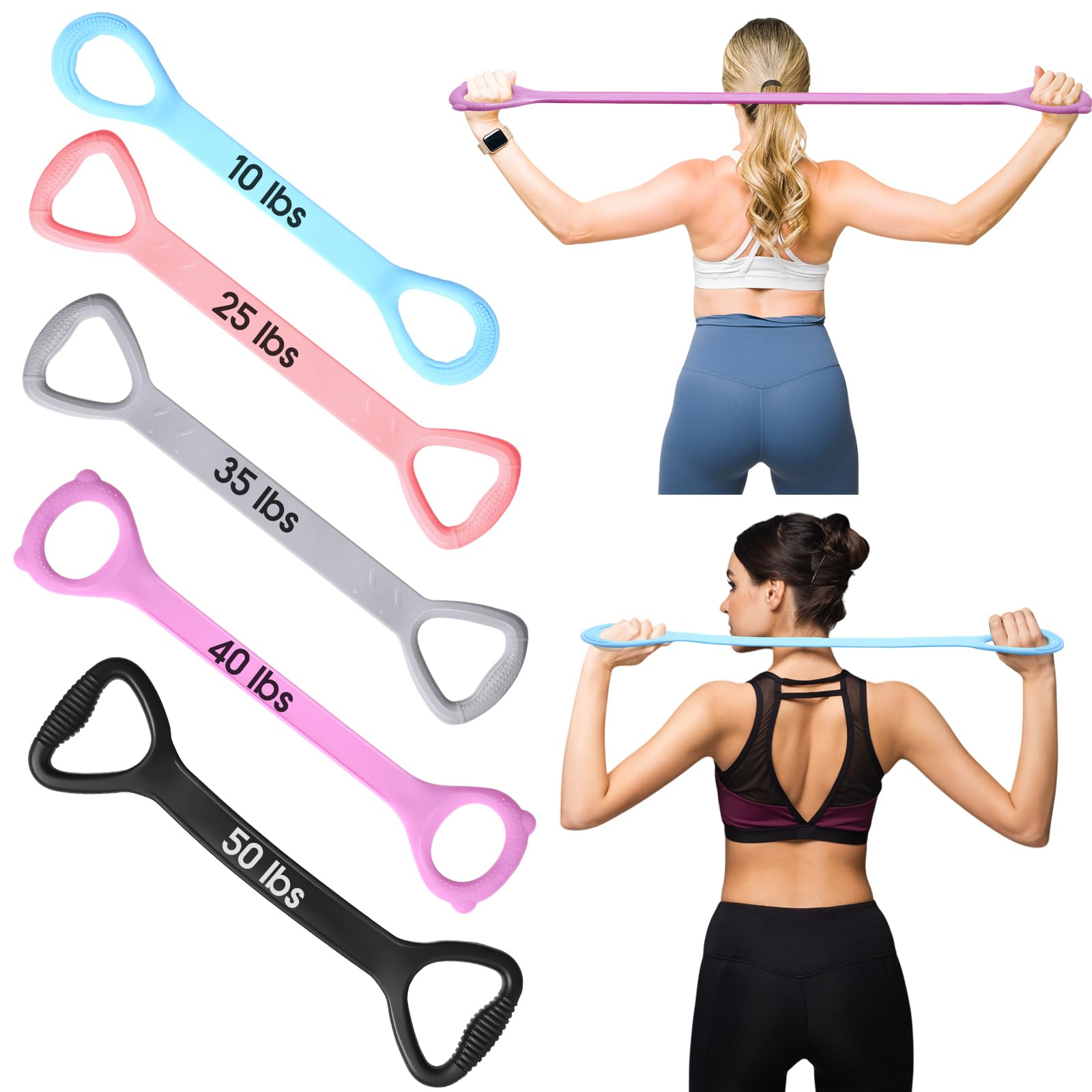 Photo 1 of Soulchen 5 Pack Figure 8 Fitness Resistance Bands Elastic Bands(10 Lbs-25 Lbs-35 Lbs-40 Lbs-50 Lbs)for Arm, Back, Chest and Shoulder, Yoga, Pilates, Stretching, Workout Pulling Rope for Women and Men