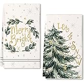 ARKENY Green Christmas Tree Kitchen Towels Set of 2,Merry Bright Star Snowflake Xmas Dish Towels 18x26 Inch Drying Dishcloth,Farmhouse Nobel Home Decoration AD403
