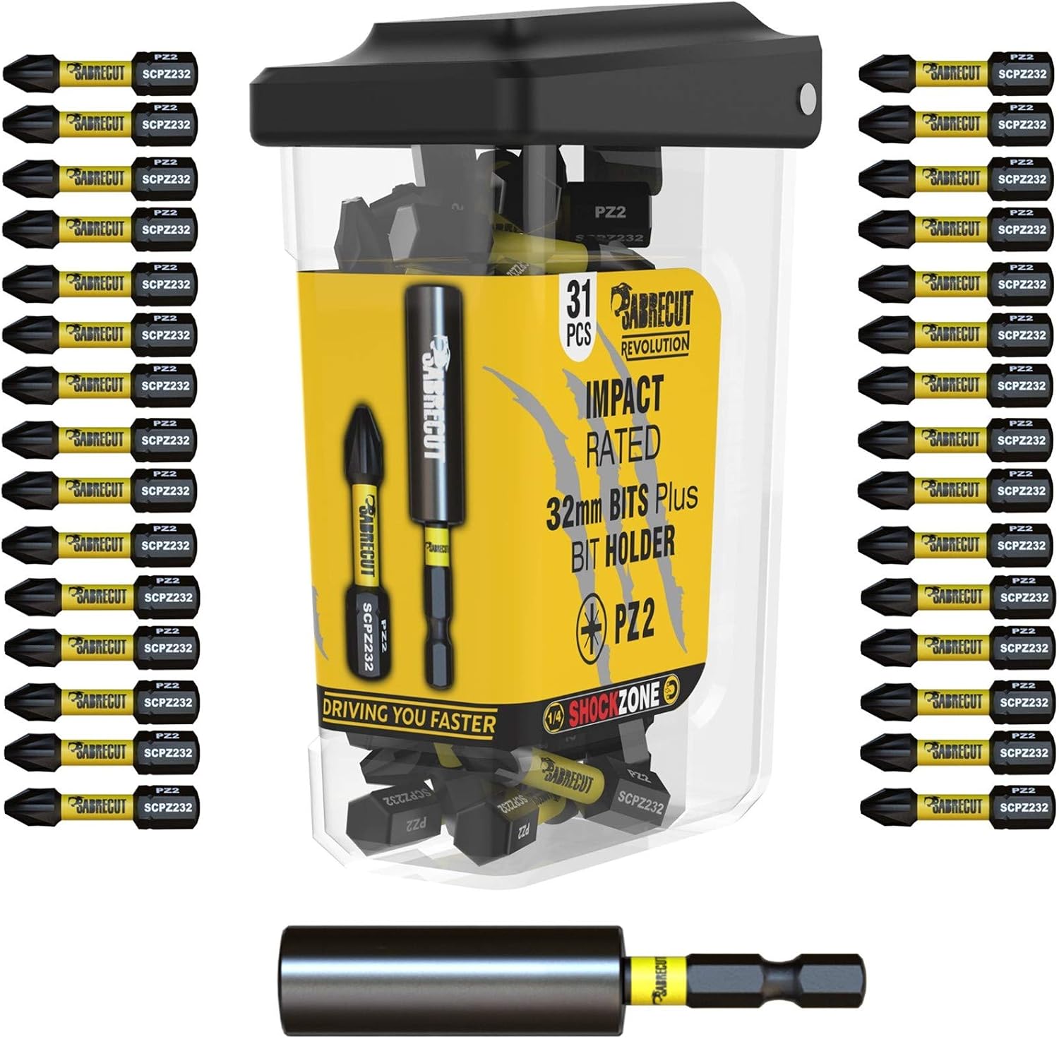 31 x SabreCut SCRPZ23231B 32mm PZ2 and 60mm Impact Bit Holder Magnetic Impact Screwdriver Driver Bits Set Single Ended Pozi Pozidriv