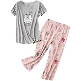 Inadays Womens Cotton Pajama Sets Short Sleeve Top With Capri Pants 2 piece sets for Women Summer Pajamas Lounge Set