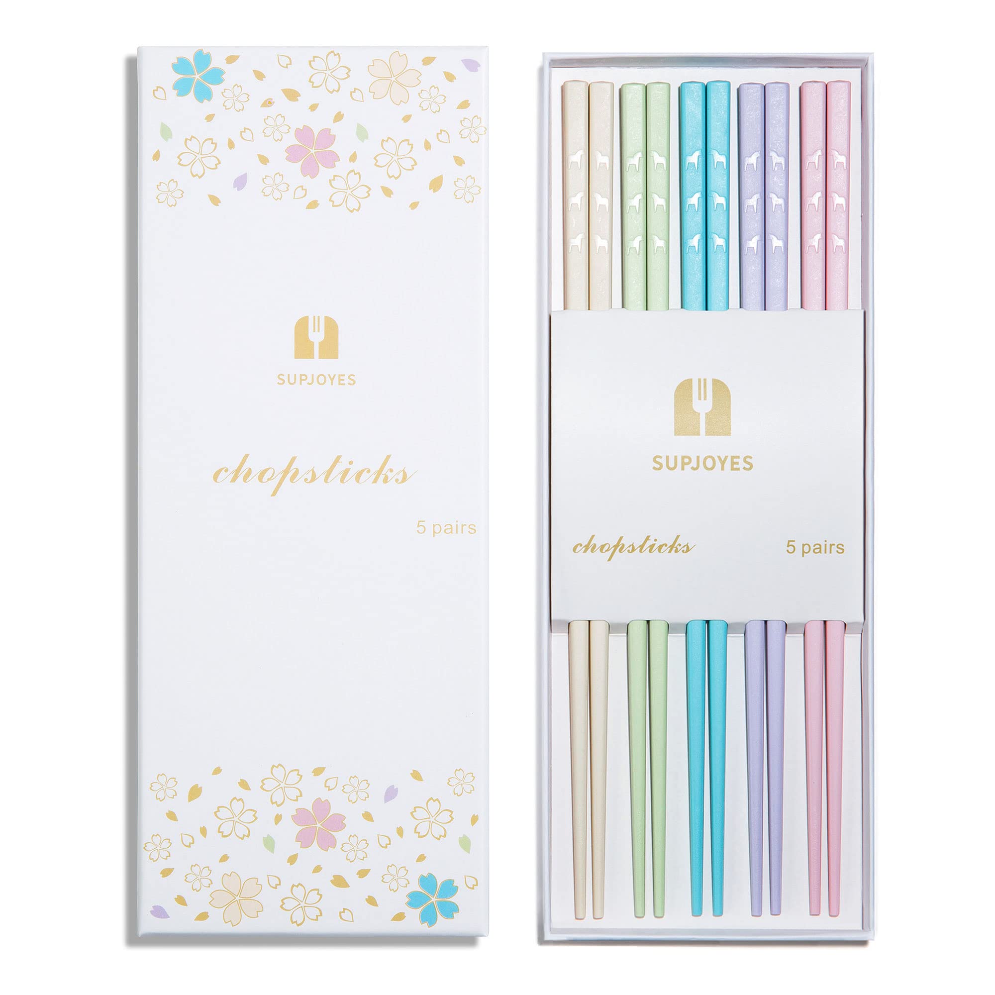 SUPJOYES Reusable Chopsticks, 5 Pairs Fiberglass Chopsticks, Multicolour Dishwasher Safe Chop Sticks, 24cm