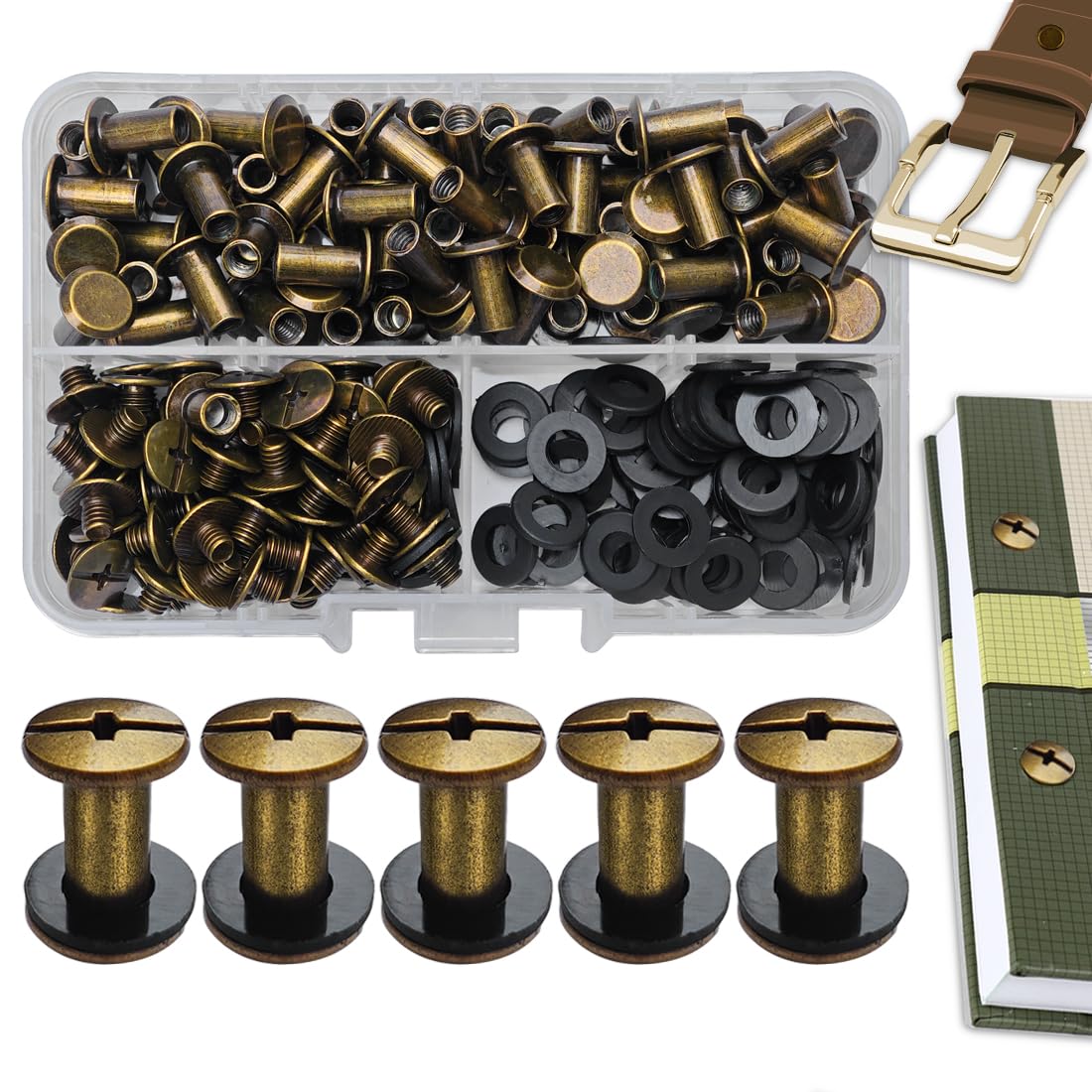 SHSMPXOY 80 Set Chicago Screws Posts for Leather Rivets M5*10mm Chicago Book Binding Screws Rivets Cross Head Chicago Button Screws for DIY Book Scrapbook Bookbinding, Bags,Collars(Bronze)
