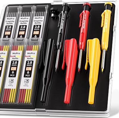 Nicpro 3 Pack Carpenter Pencil with Sharpener & Holder 39 Refills Red Black