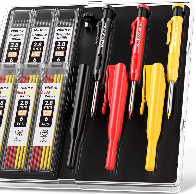 Nicpro 3 Pack Carpenter Pencil with Sharpener & Holder 39 Refills Red Black