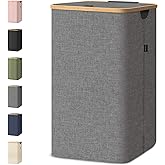 BALEINE Laundry Hamper with Lid, Tall Laundry Baskets with Bamboo Pull Handles, Large Laundry Bin with Internal Support (26 Gal/100L, Grey)